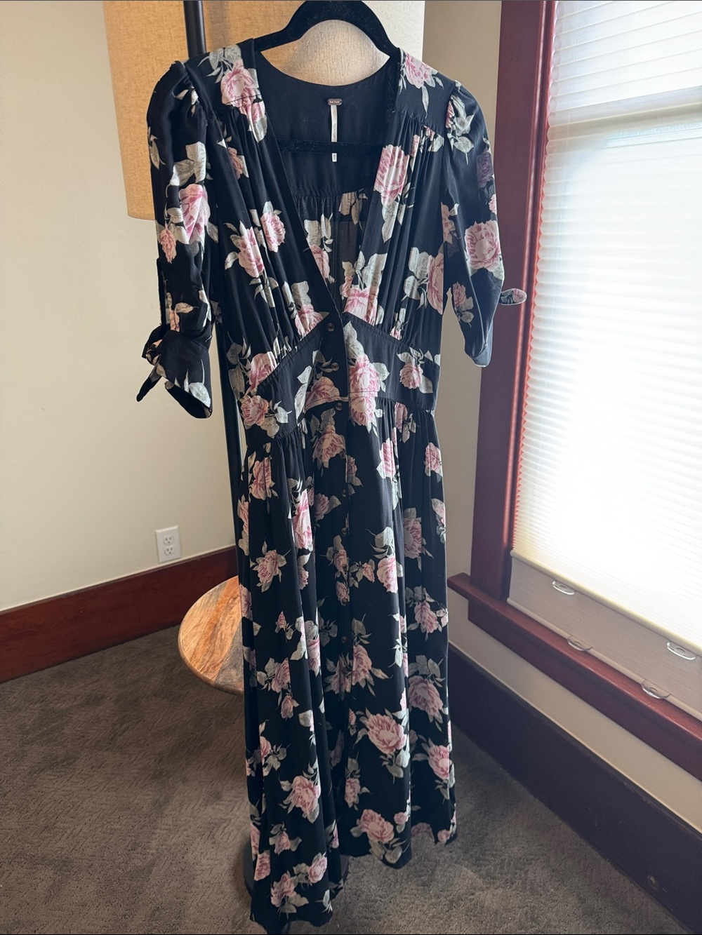 Free People Black Maxi Dress with Pink Rose Print